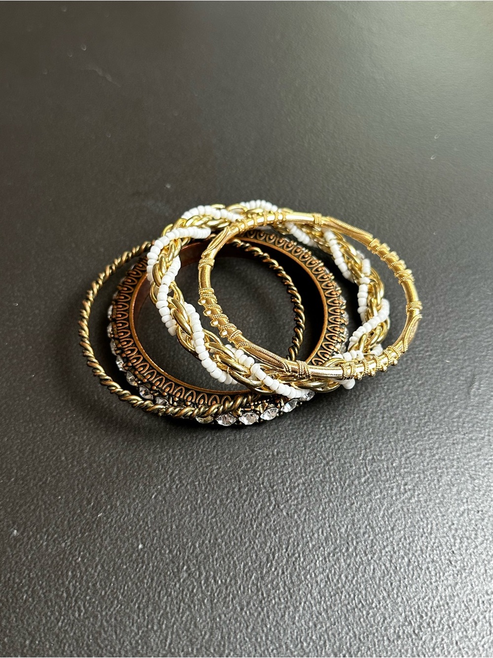 Gold and White Multi-Stack Bangle Bracelet Set of 4